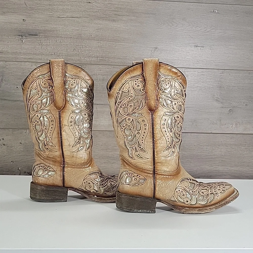 Girls Corral Tan Cut-Out Western Boots Sz 4.5